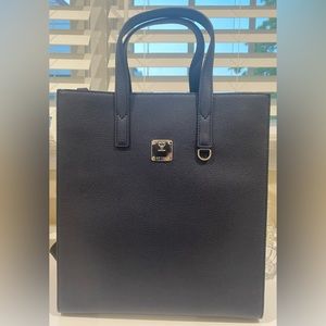 MCM Navy/Black leather crossbody tote bag with floral print sides .